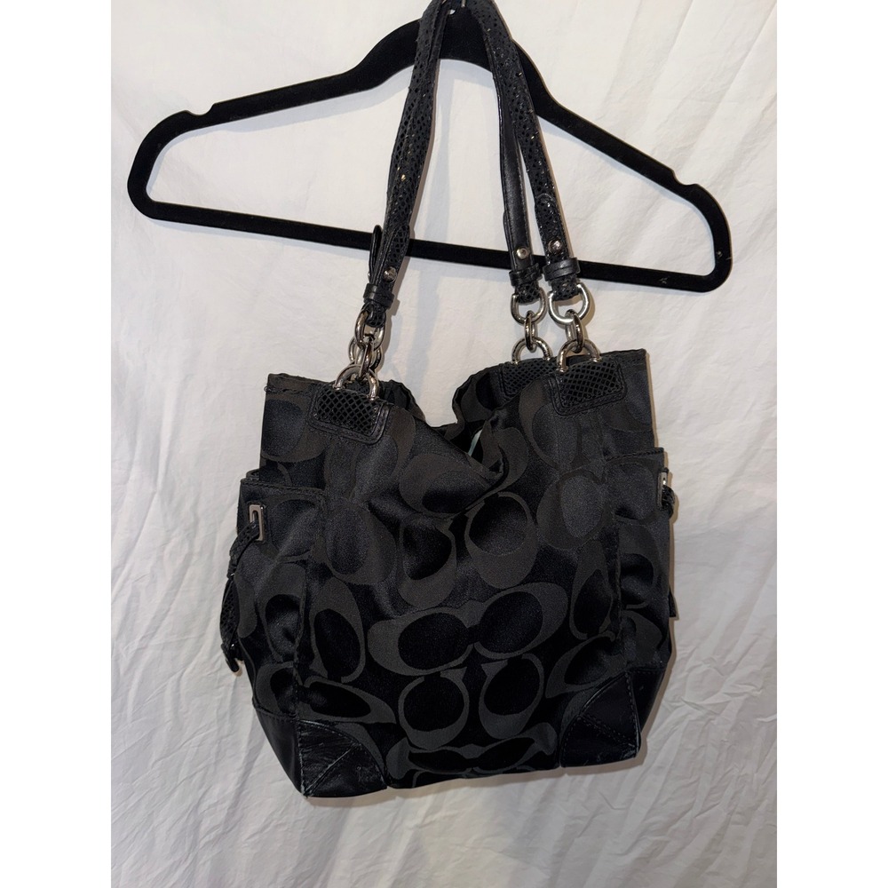 Coach Black Signature C Jacquard Sateen Tote Bag Shoulder Purse Silver Hardware